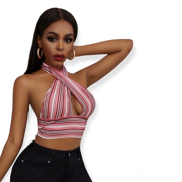 Striped Print Backless Crop Halter Top - Picture 3 of 3